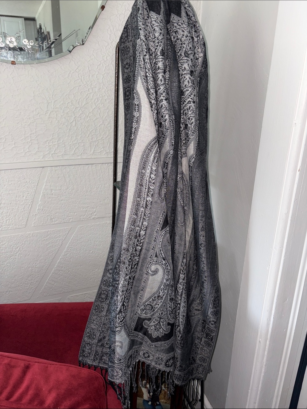 Nine West Gray Paisley Fringe Scarf Wrap